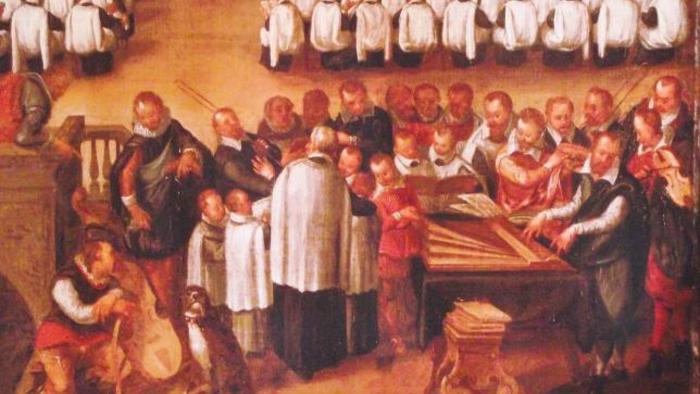 Bingen Kreis / Christian Erbach als Organist im Augsburger Dom während einer Regionalsynode 1610. Auf dem Ausschnitt des Bildes von Thomas Maurer sind Sänger und Musiker der Dom-Schola zu sehen: Geiger, Posaunist und Dudelsack-Bläser  begleitet von einem Hund...