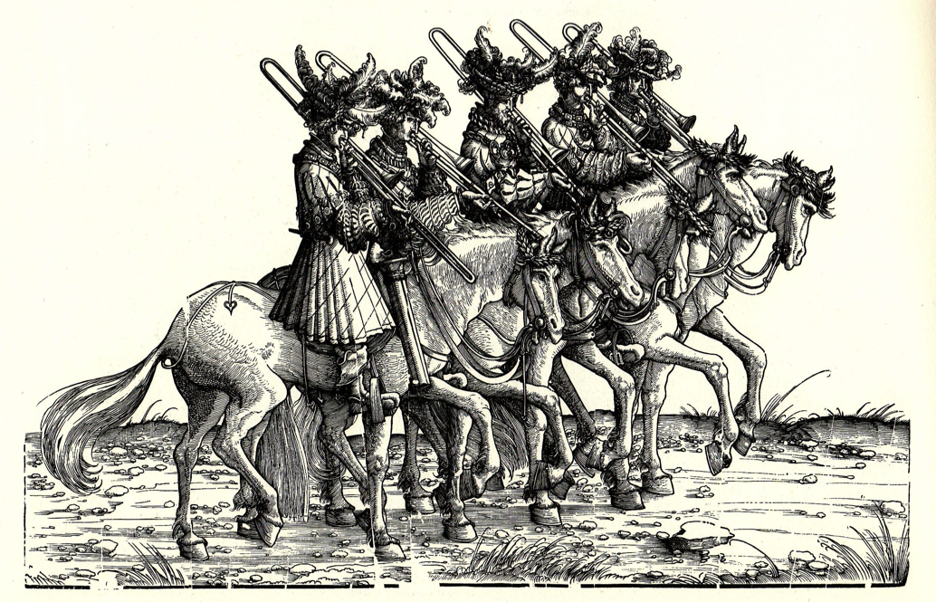 A woodcut from the famous series, "The Triumph of Maximilian," depicts a quartet of trombones on horseback (1526).