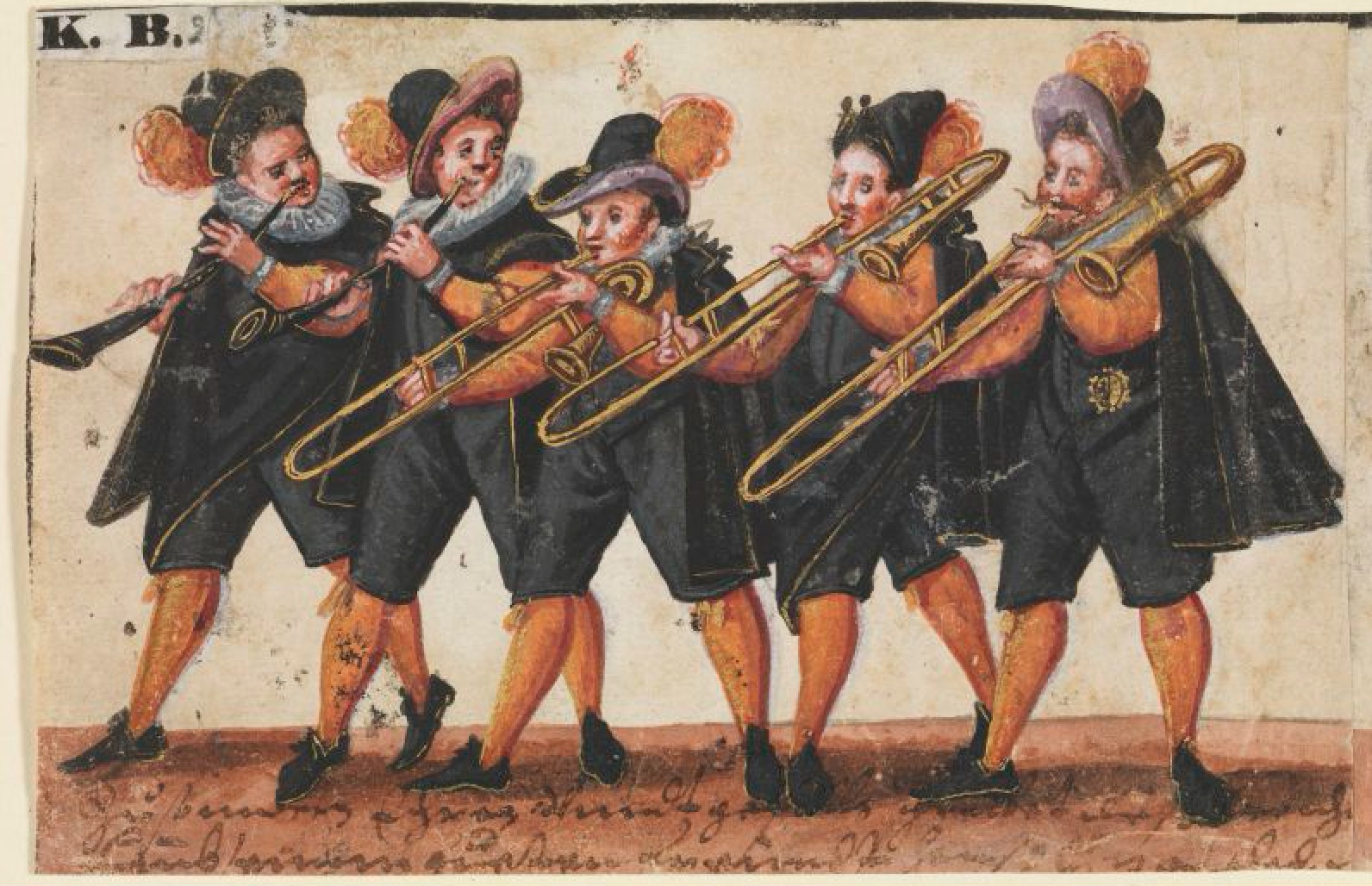 Trombone-cornett quintet in a wedding procession (Germany, ca. 1590)