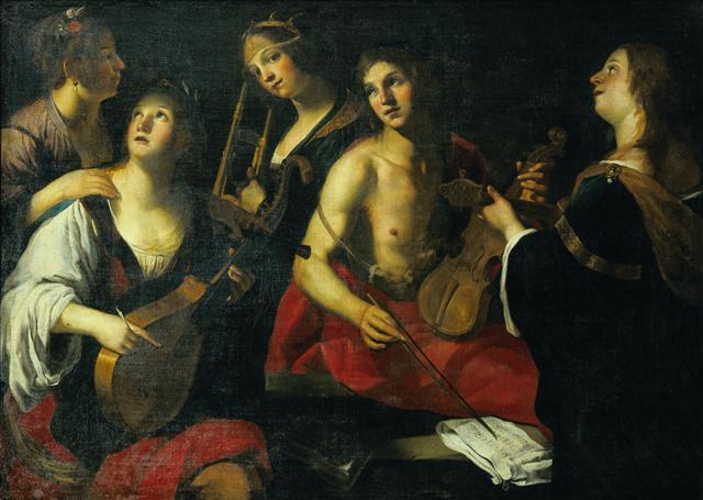 An ensemble of musicians in Francesco Rustici's painting, Concerto (Italy, ca. 1615).