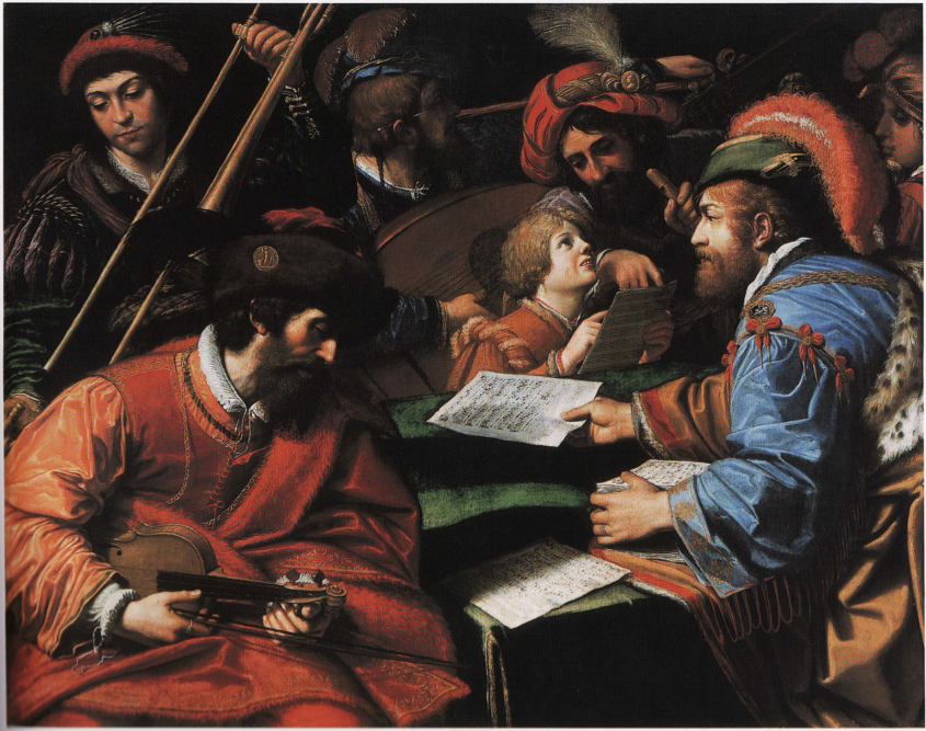 A group of musicians presumably preparing for a performance is depicted in Lionello Spada's painting, "Concert" (c. 1610, Rome).